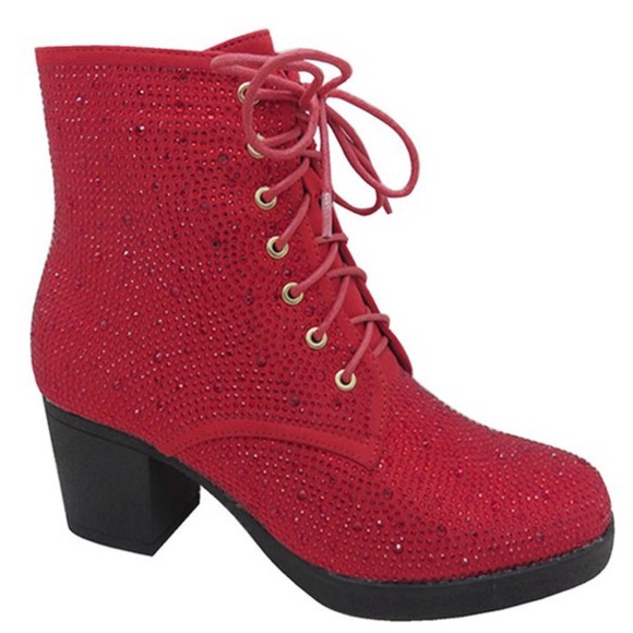 Last Pair! Italina Red Metallic Glitter Rhinestone Embellished Combat Booties - Picture 6 of 6